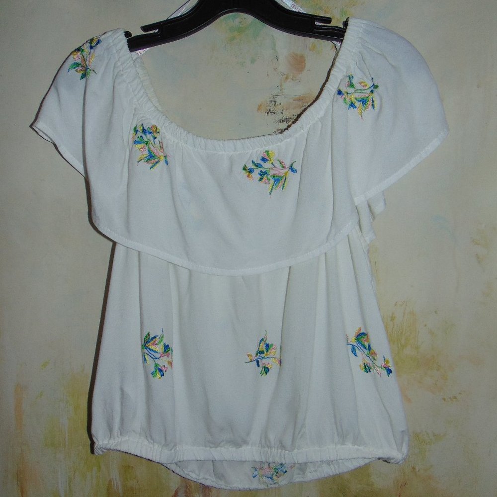 Guess Women’s Y2K Prairie Off Shoulder Ruffle Sleeveless Gauzy Top Floral L